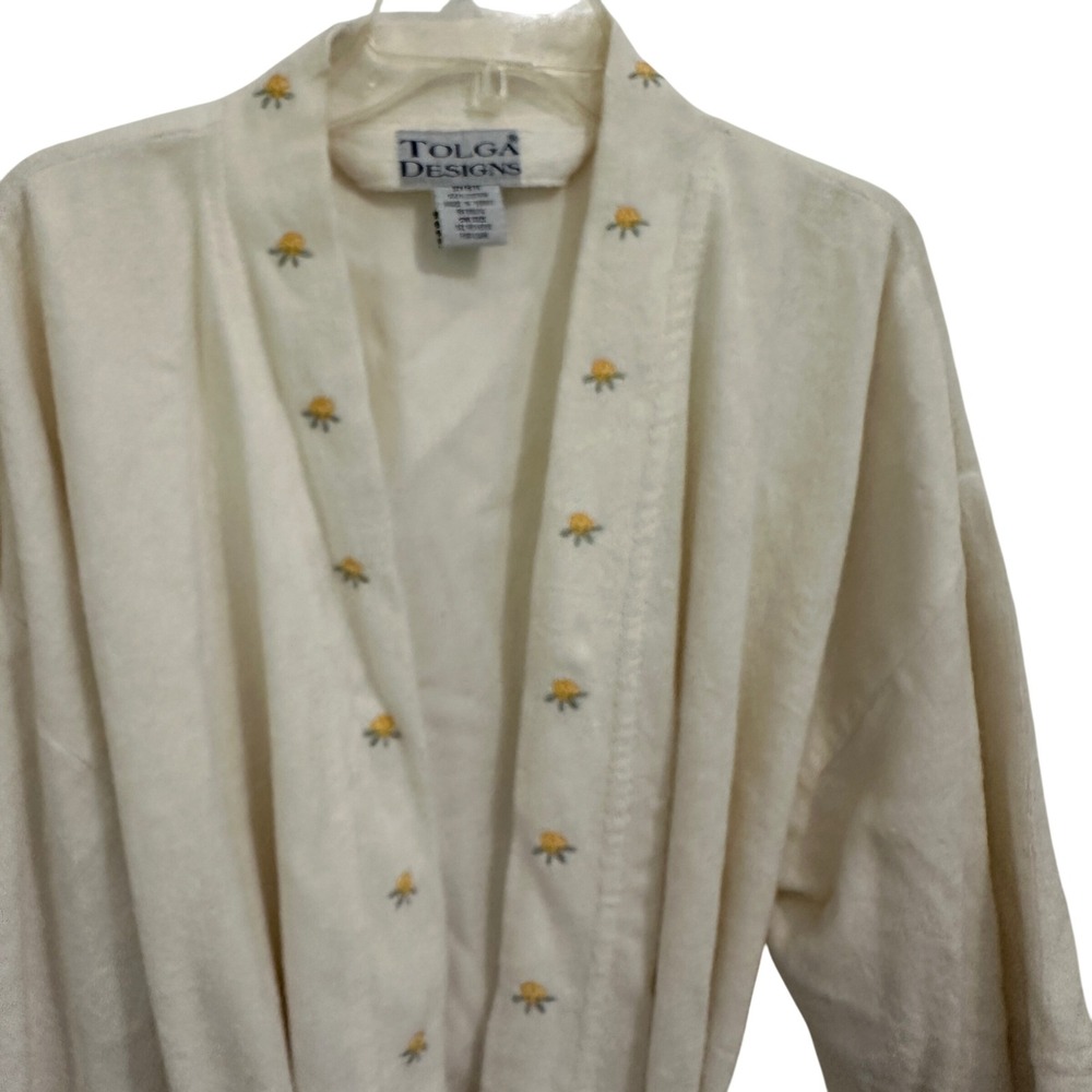 Cotton Terry Robe Cream Embroidered Rosebud Shawl Collar Cottagecore Tolga OS - Picture 2 of 10